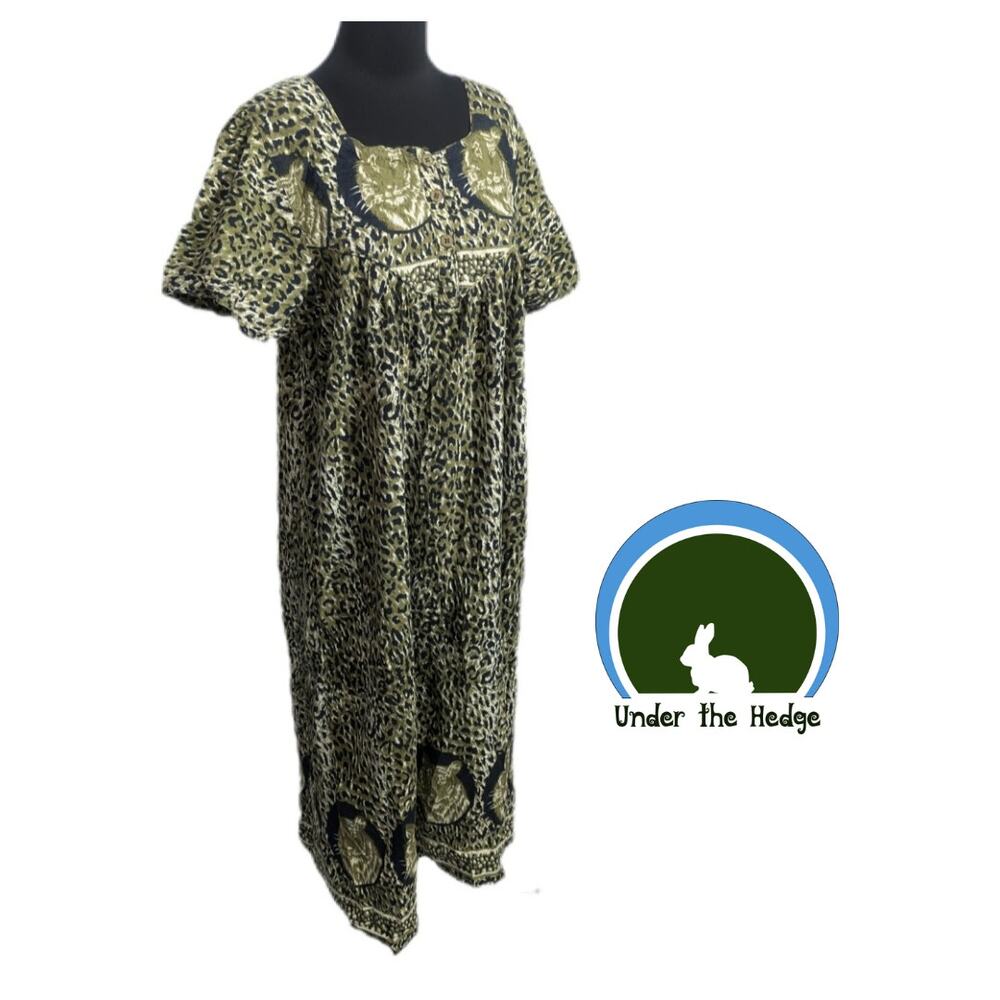 Vintage Olive & Black Wild Cat Midi Dress Large Cotton Pockets Retro House